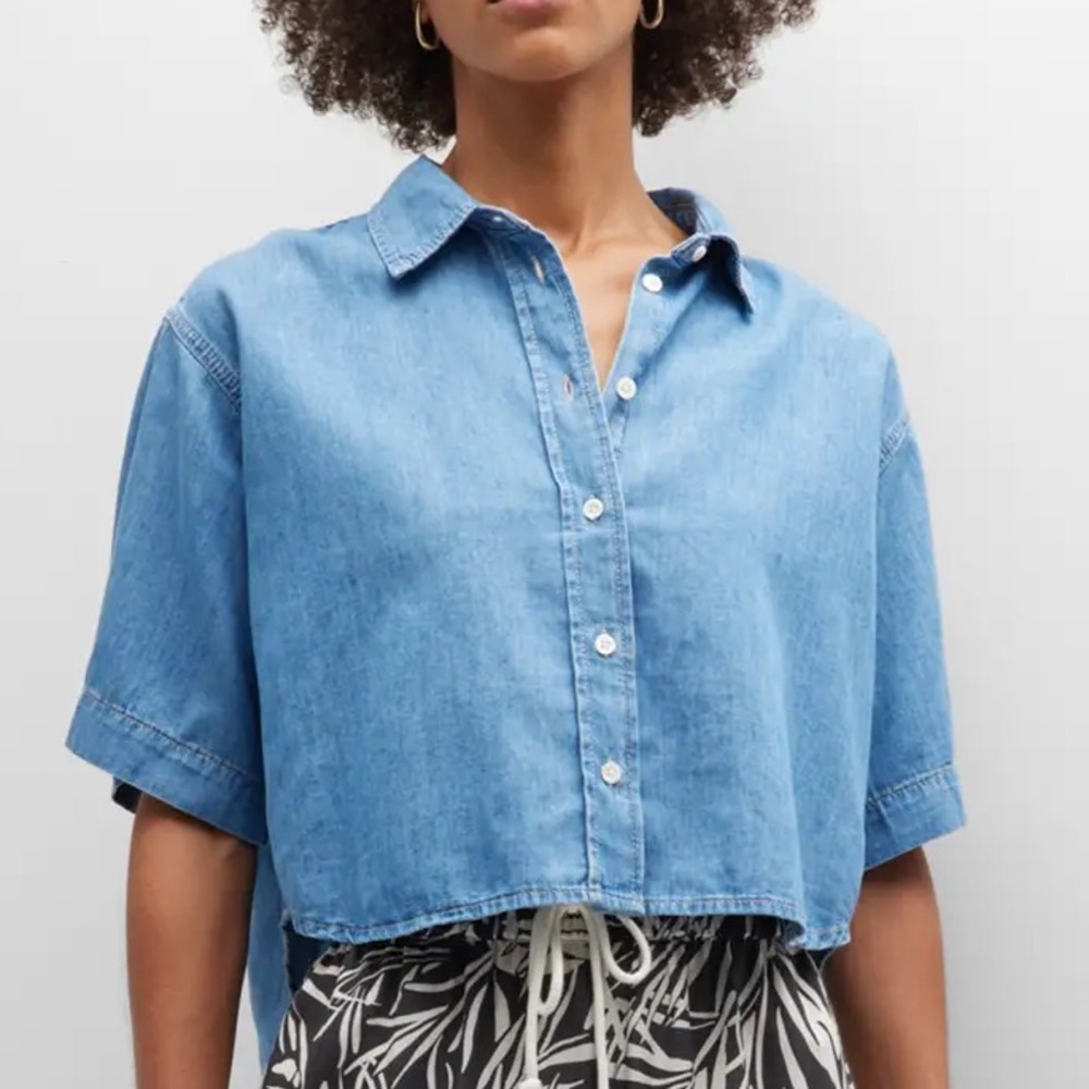 FRAME Cropped Short-Sleeve Denim Shirt